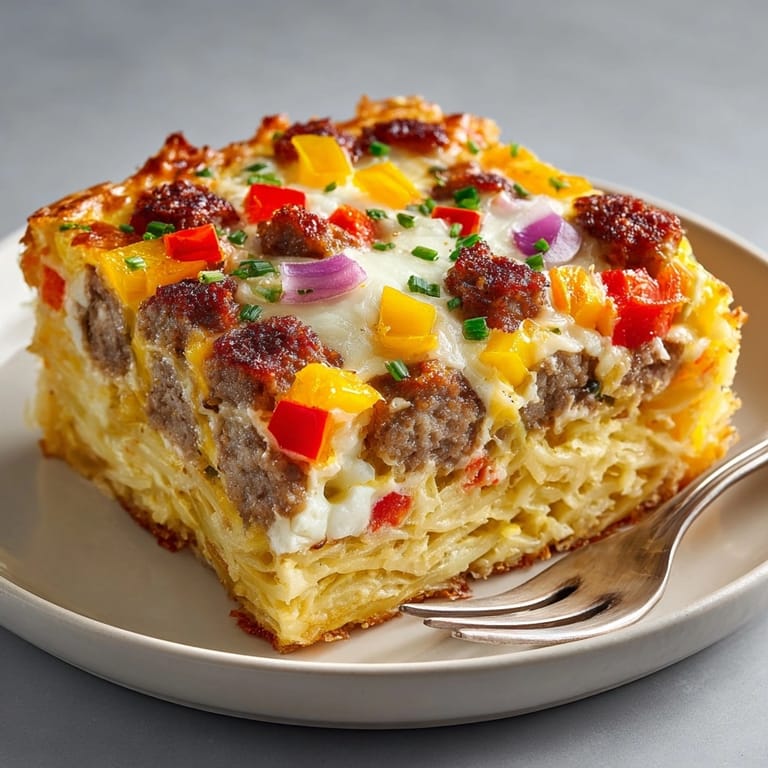 Hearty Breakfast Casserole with Hash Browns sliced and served warm for a comforting morning meal.