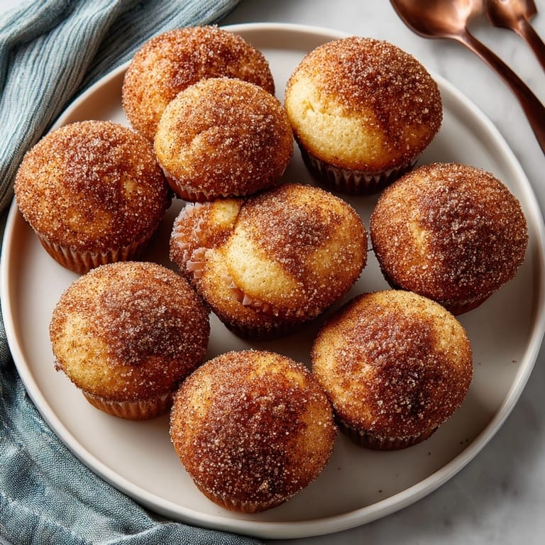 Cinnamon sugar donut muffins piled on a plate, perfect for a cozy homemade dessert.