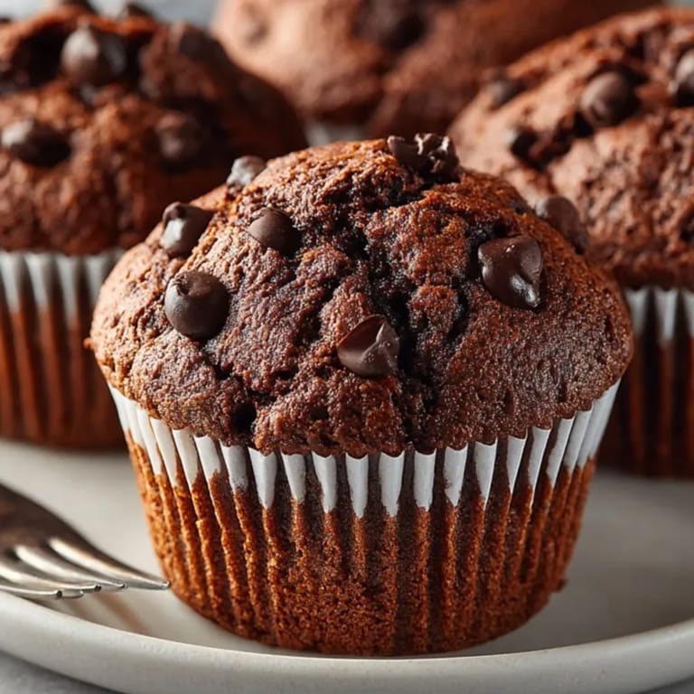 Chocolate protein muffins stacked on a plate, ideal for a healthy breakfast or post-workout snack