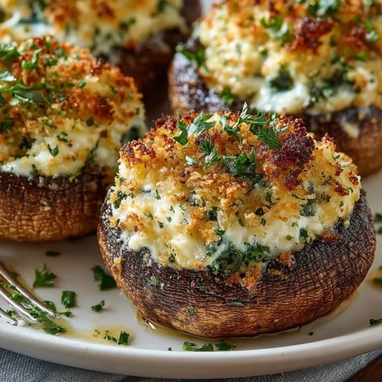 Savory stuffed cheese portobello mushrooms served hot, oozing creamy cheese and toasted breadcrumbs.