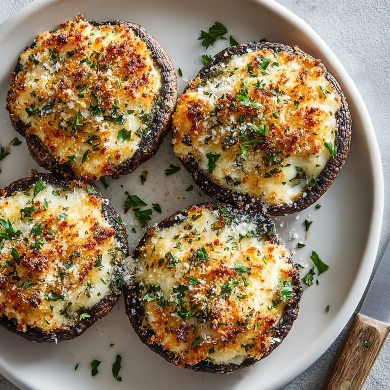 Stuffed cheese portobello mushrooms on a baking sheet, fresh from the oven, ready to enjoy.