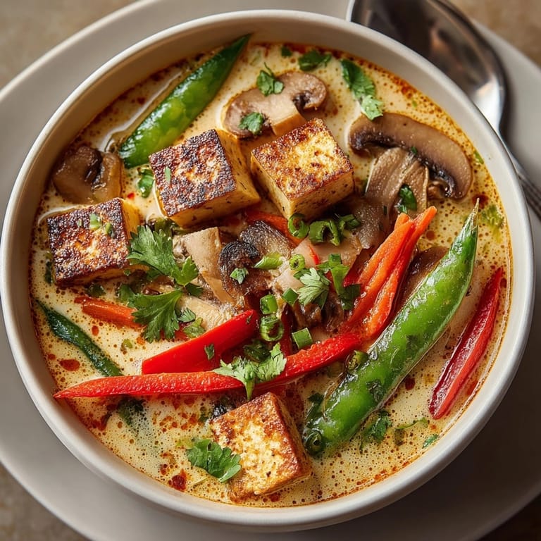 A comforting Thai Curry Coconut Soup served hot, ideal with steamed jasmine rice.