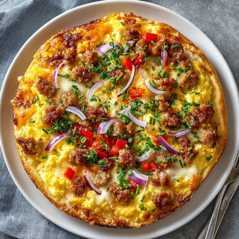 Hot breakfast pizza featuring fluffy scrambled eggs and gooey cheese, perfect for a morning meal.