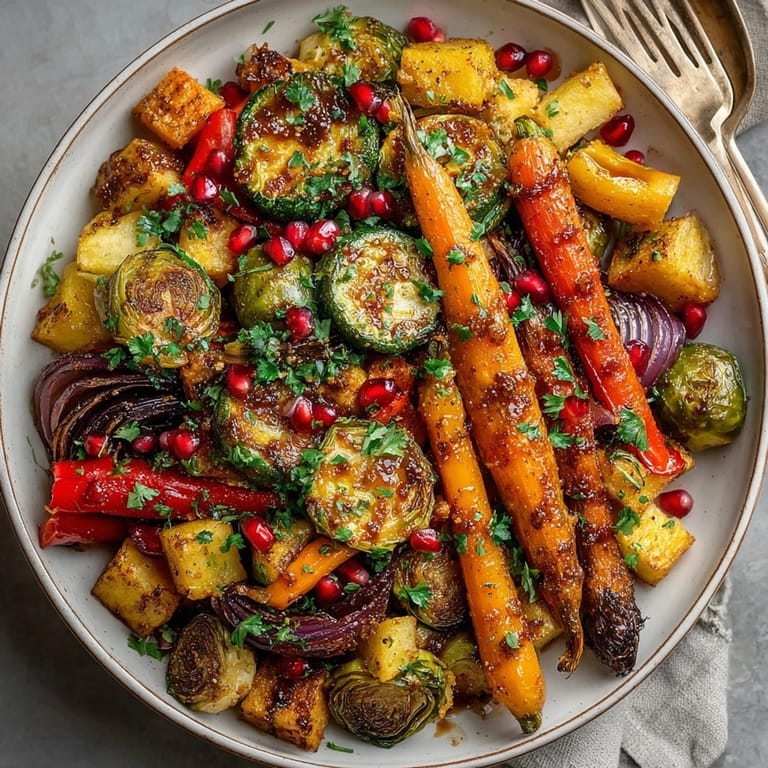 Pomegranate balsamic roasted vegetables served warm as a vegan side dish bursting with flavor and vibrant colors.