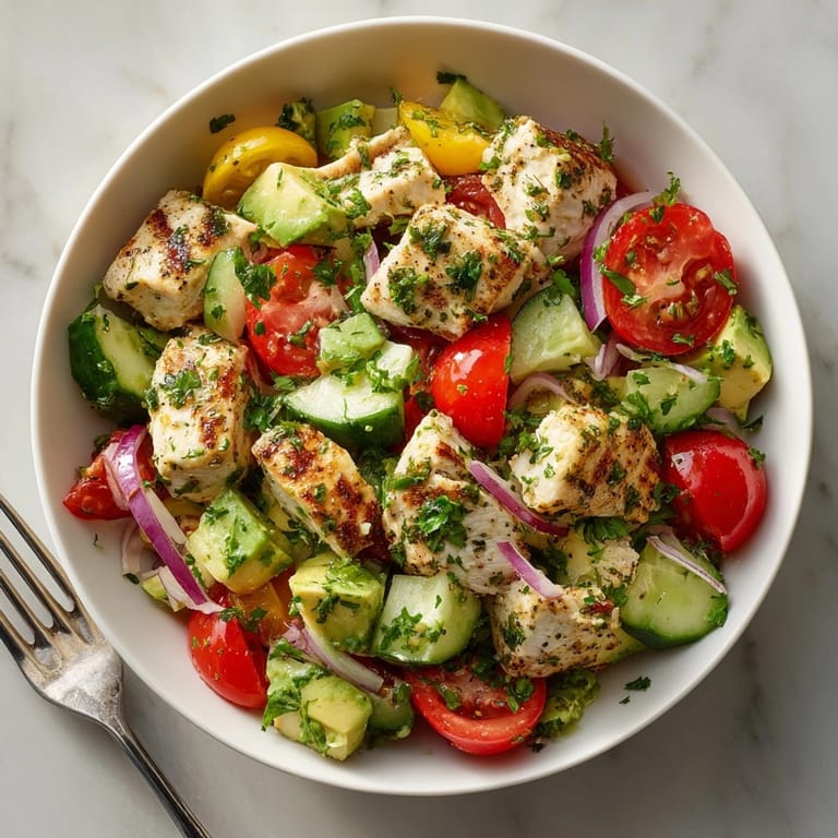 Colorful Avocado Lime Cilantro Chicken Salad featuring tender chicken, crisp vegetables, and zesty lime dressing on a plate
