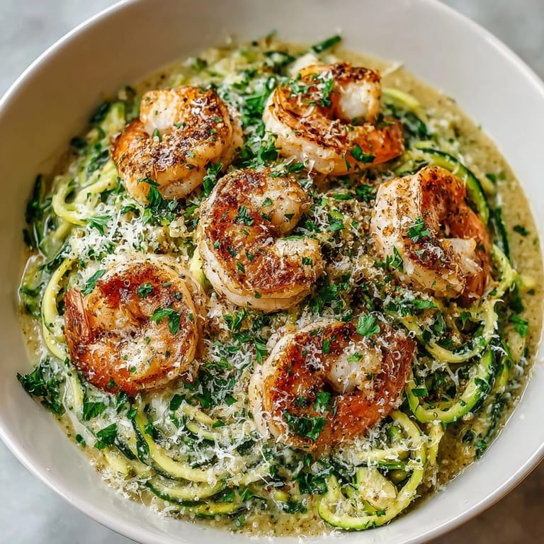 Low-carb shrimp Alfredo zucchini noodles glistening in creamy sauce, perfect for easy Italian-American dinners.