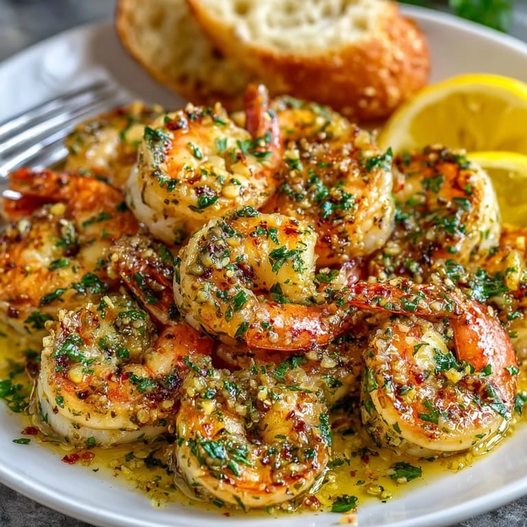Juicy One-Pan Garlic Shrimp served hot in a skillet beside crusty bread for dipping.
