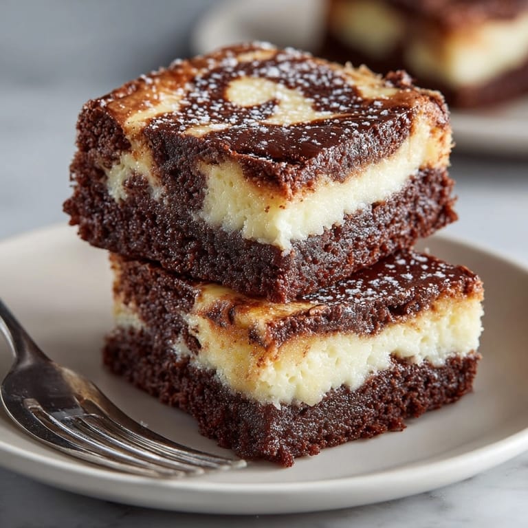 Freshly baked ricotta chocolate swirl brownies, cut into squares, revealing moist chocolate and rich ricotta layers.