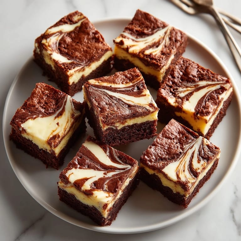 Close-up of decadent ricotta chocolate swirl brownies, the marbled cheese adding a luscious, creamy contrast.