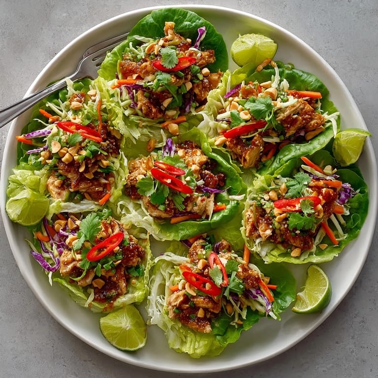 Colorful Thai Peanut Chicken Lettuce Cups arranged with zesty lime wedges and crisp vegetable slaw for a light meal.