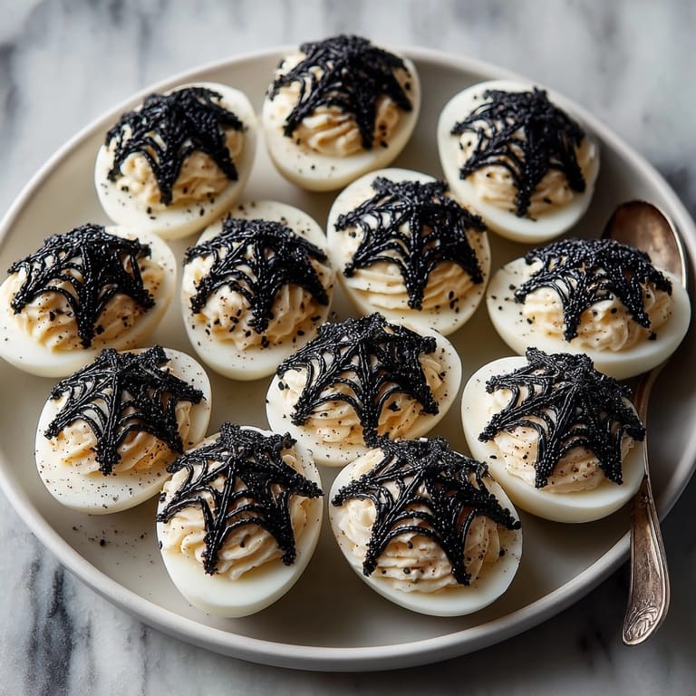 Rich Spiderweb Deviled Eggs garnished with sesame seeds, ready to serve at your party.