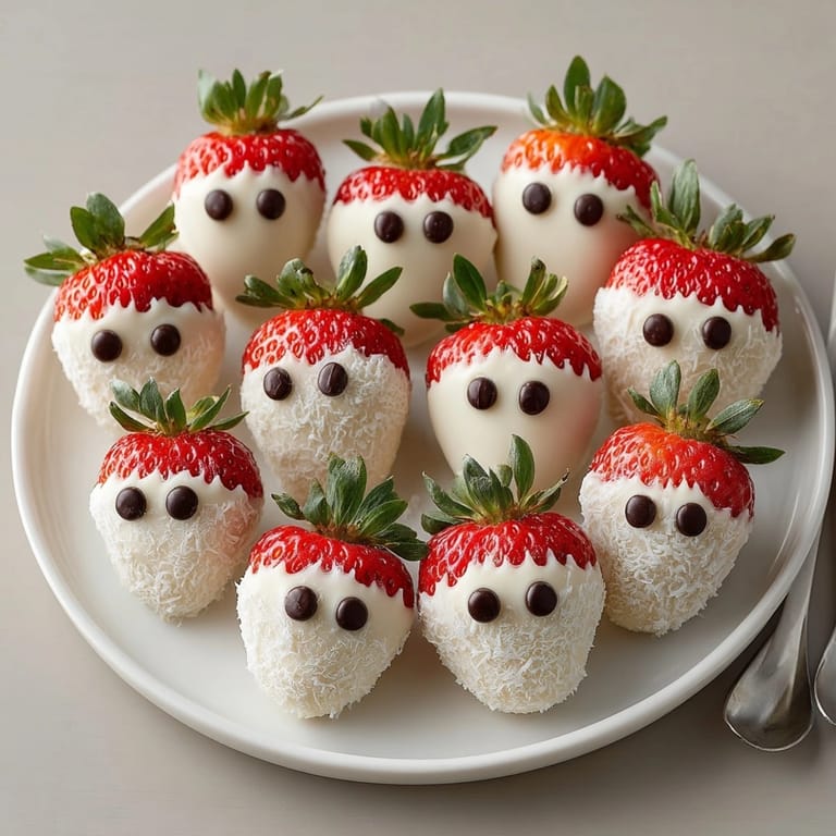 Festive Halloween white chocolate ghost strawberries, a close-up showcasing dark chocolate chip faces.