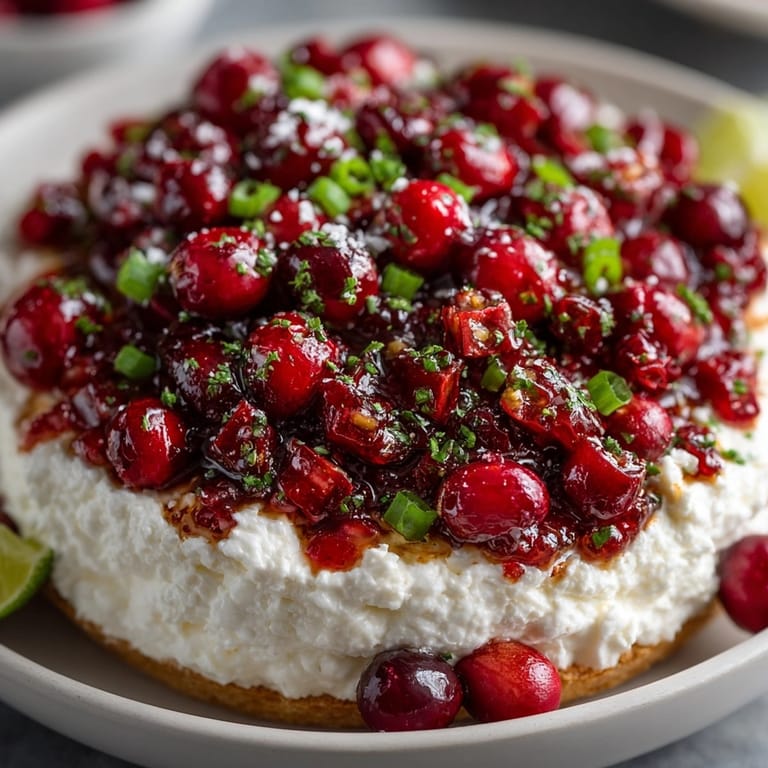 Close-up of vibrant Cranberry Jalape&amp;ntilde;o Cream Cheese Dip, topped with juicy red cranberries and green herbs.