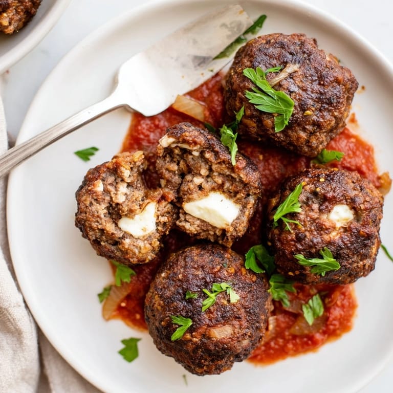 Homemade Cheesy Cajun Stuffed Meatballs baking sheet ready to serve with warm marinara.
