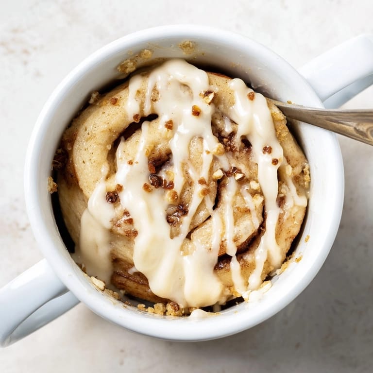Close-up of delicious, fluffy Protein Cinnamon Roll Mug Cake, swirled with cinnamon and topped.