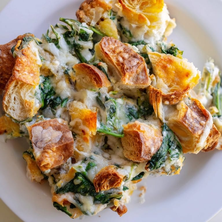 Close-up of creamy Ricotta Spinach Croissant Bake: flaky pastry, rich filling, irresistible comfort.