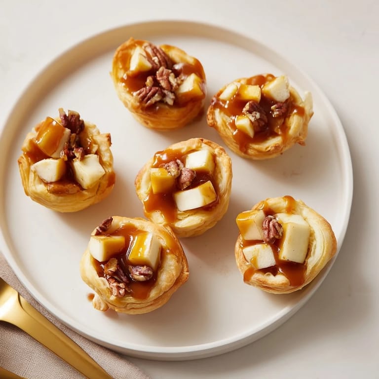 Savory puff pastry cups filled with creamy brie and sweet apple caramel goodness.  