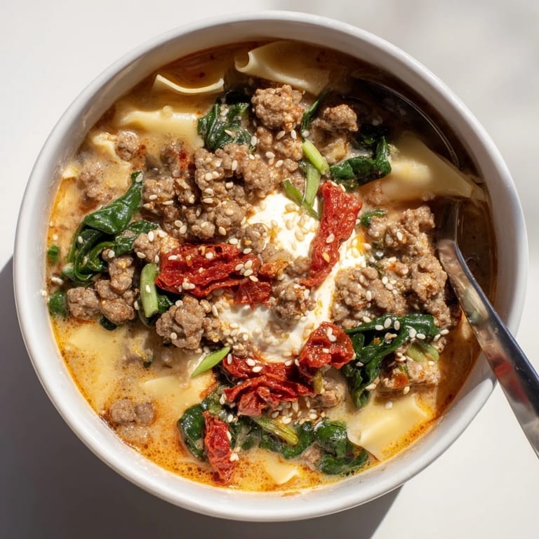 Delicious Lasagne Soup with Kimchi Crunch, featuring vibrant flavors and textures.