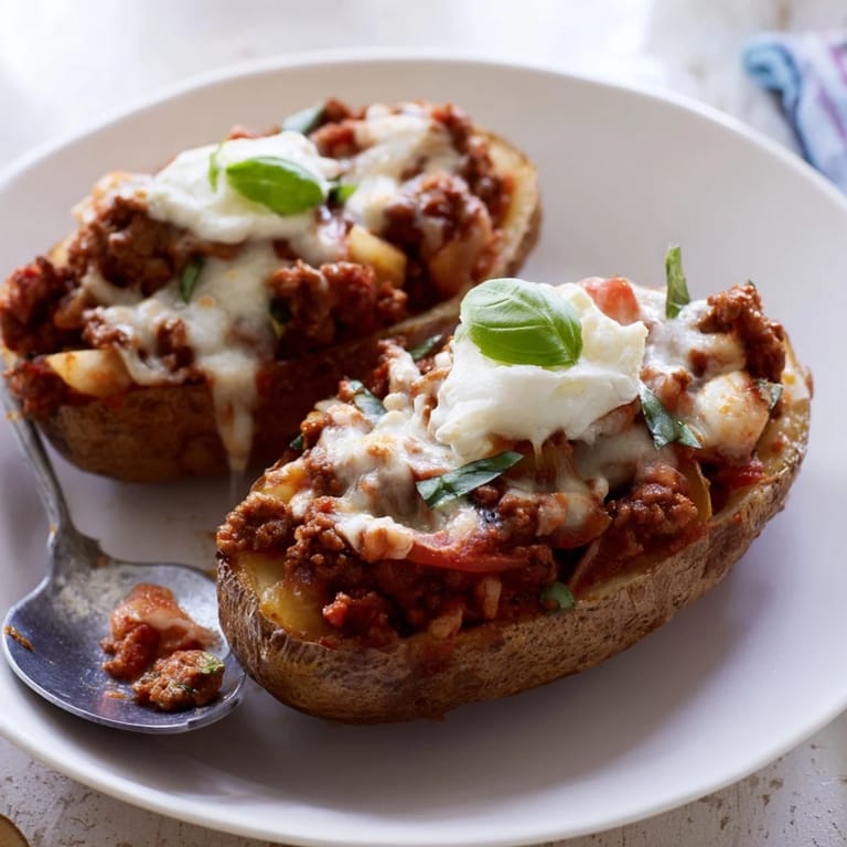 Baked potato skins generously stuffed with hearty lasagne soup and fresh herbs.  