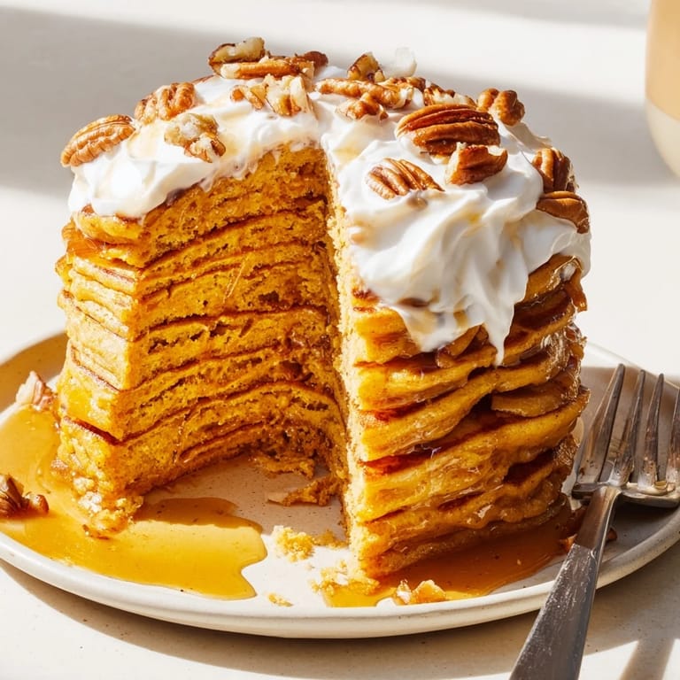 Decadent Maple Bourbon Pumpkin Pancakes served with whipped cream and maple syrup drizzle.  