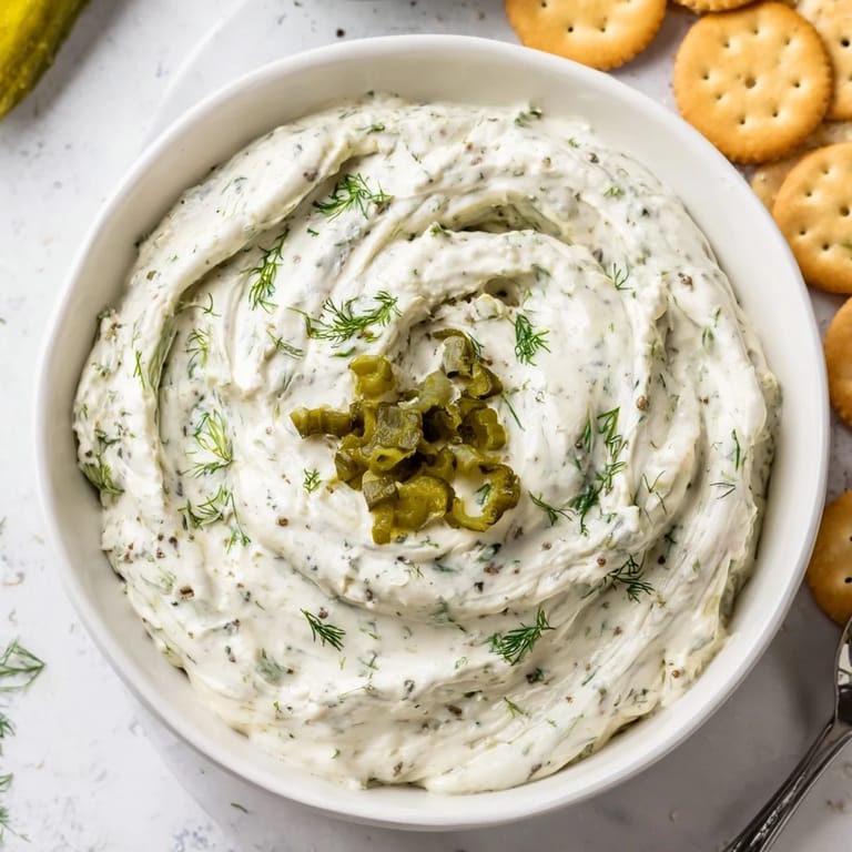 Creamy, flavorful Dill Pickle Ranch Cookie Dip garnished with dill and pickles.  