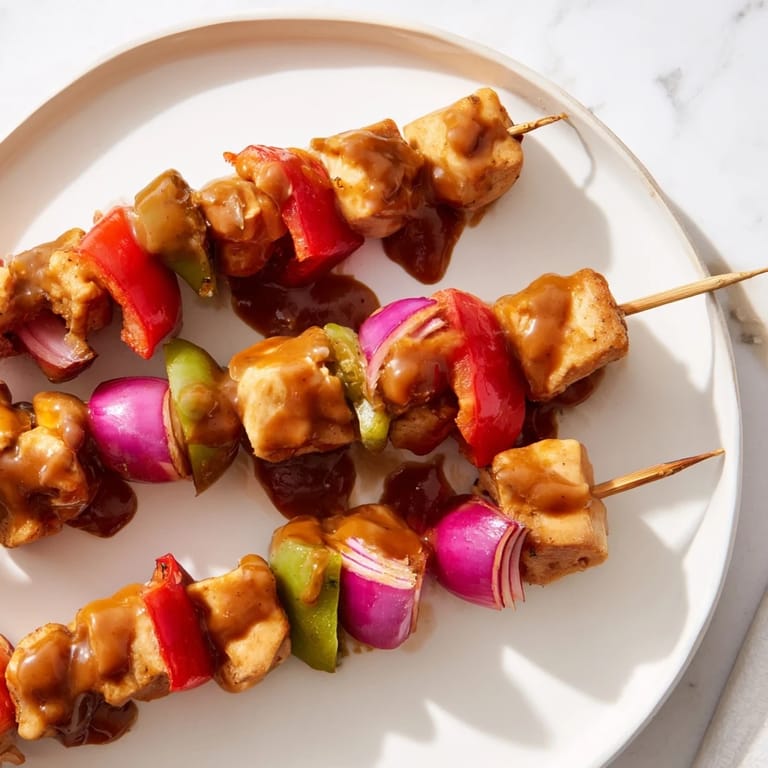 Flavorful skewers of chicken, bell pepper, and onion coated in creamy Thai peanut sauce.  