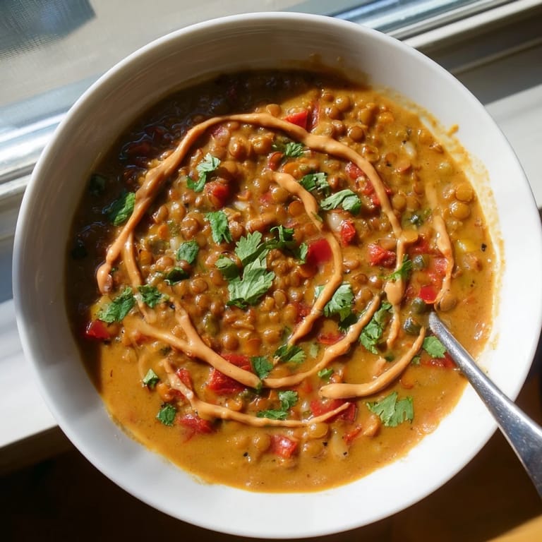 Hearty Thai Peanut Lentil Soup bubbling in a pot, rich in flavor and nutrition.  
