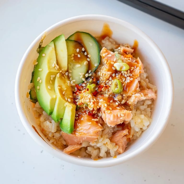 Flavorful Leftover Salmon & Rice Bowl with pickled ginger and a drizzle of soy sauce.
