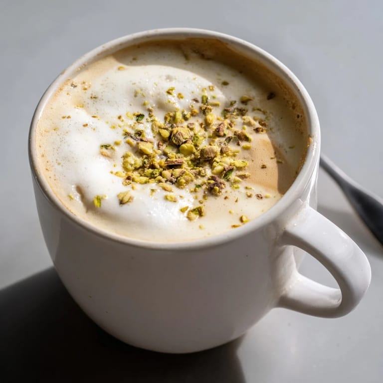 Delicious pistachio milk latte garnished with crushed pistachios, perfect for cozy mornings.