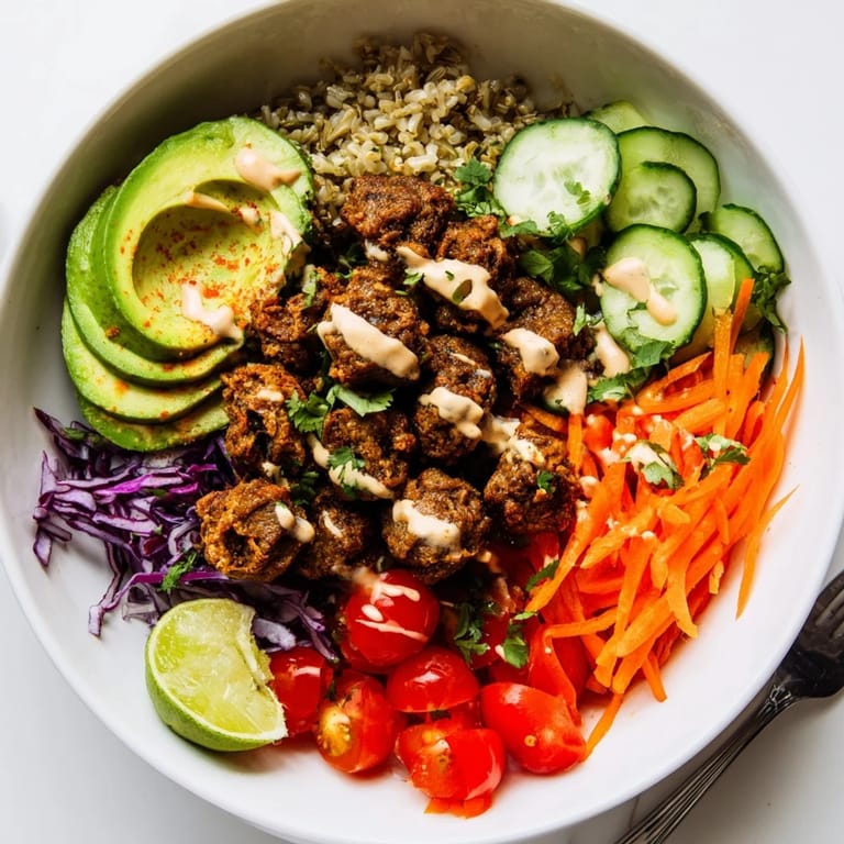 Delicious plant-based meat bowl filled with quinoa, vibrant veggies, and spicy mayo.  