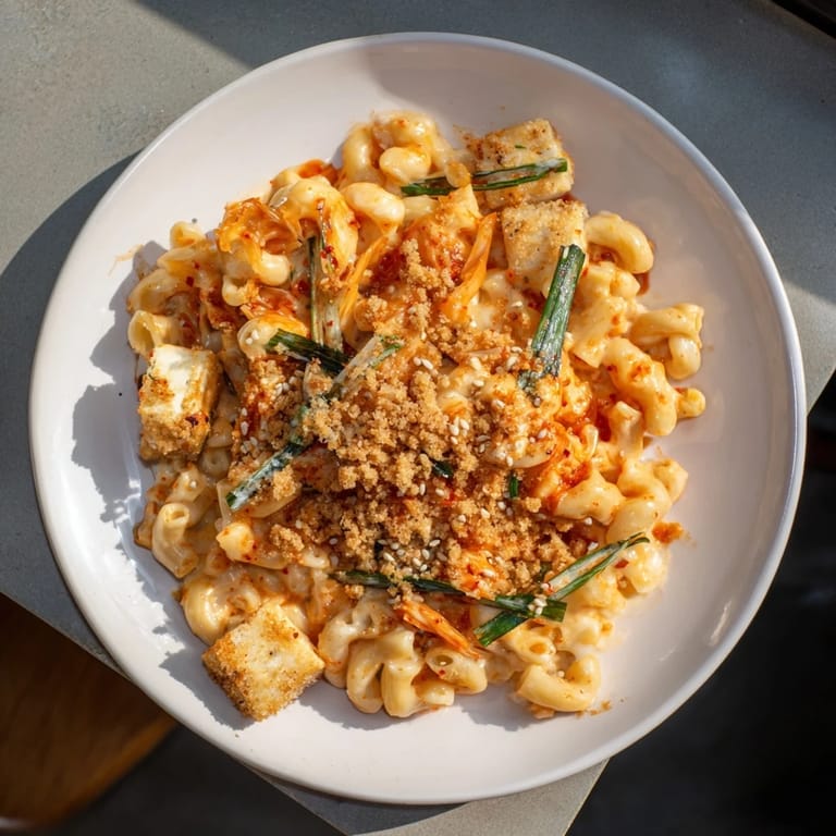 Bold Spicy Kimchi Mac & Cheese, featuring melted cheeses and vibrant kimchi flavor.  