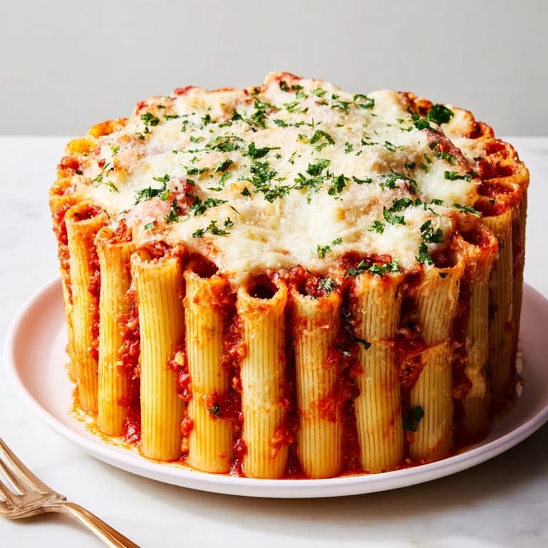 Golden-brown honeycomb pasta cake showcasing vibrant layers of tomato and cheese.  