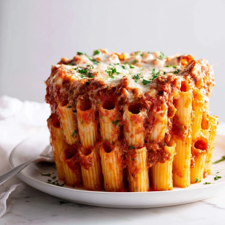 Stunning honeycomb pasta cake served with fresh parsley and crunchy greens on the side.