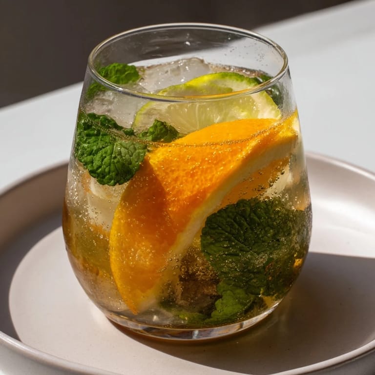 Homemade probiotic soda mocktail served over ice with citrusy flavors and fizz.  