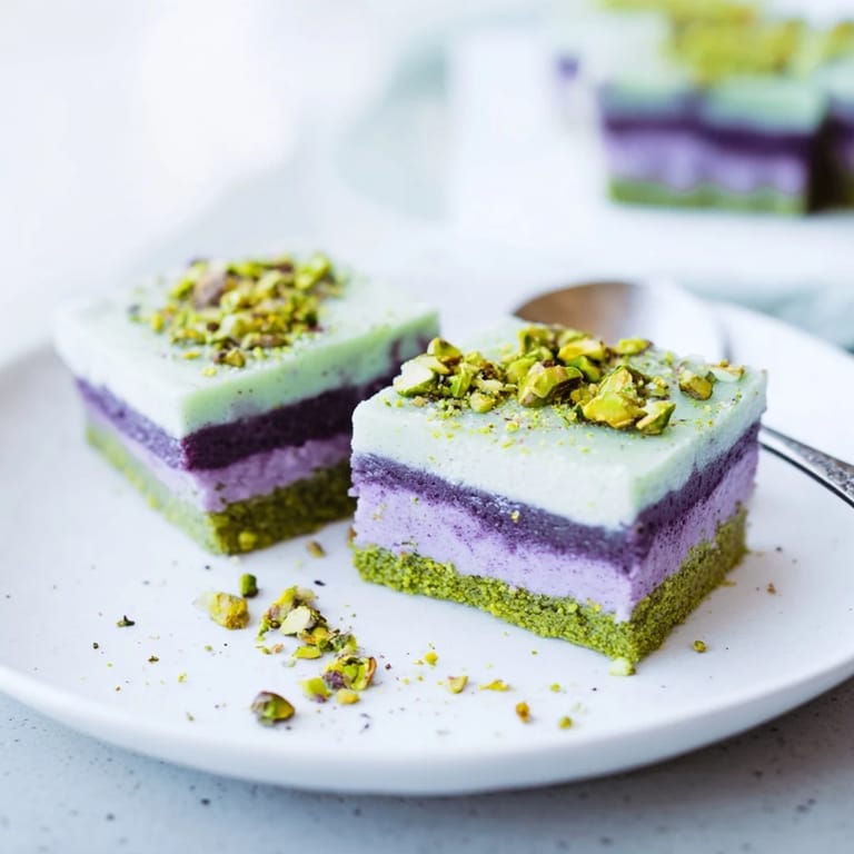 Vibrant ube and nutty pistachio ice cream bars, perfect for warm weather gatherings.  