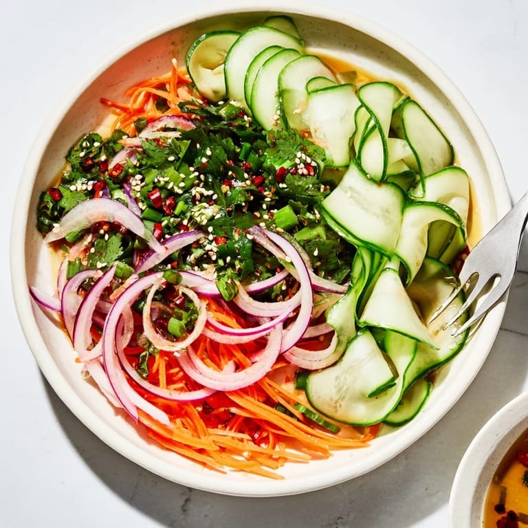 Colorful cucumber salad remix, garnished with sesame seeds for a delightful crunch.