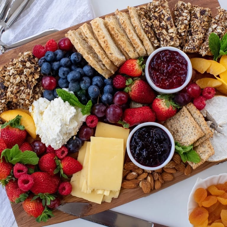 Enjoy this jam-infused brunch board with sweet strawberry jam and tangy cheeses for gatherings. 