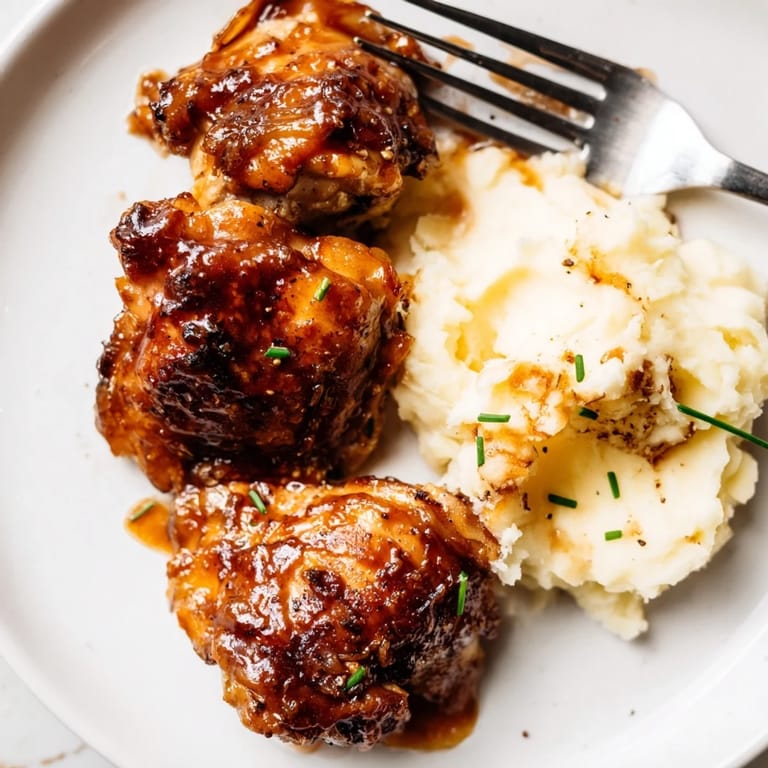 Oven-baked honey BBQ chicken thighs glistening beside fluffy garlic mashed potatoes.  
