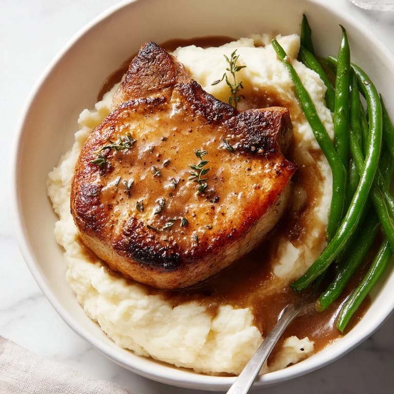 Comforting Pork Chops & Cheddar Mash Bowl topped with green beans for a delightful meal.  