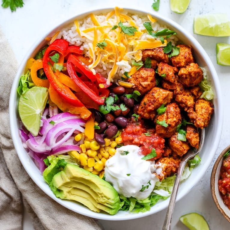 Delicious Sheet Pan Chicken Burrito Bowls piled high with fresh toppings and avocado.  