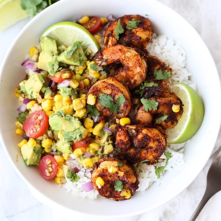 Vibrant blackened shrimp nestled in a bowl with zesty avocado corn salsa.  