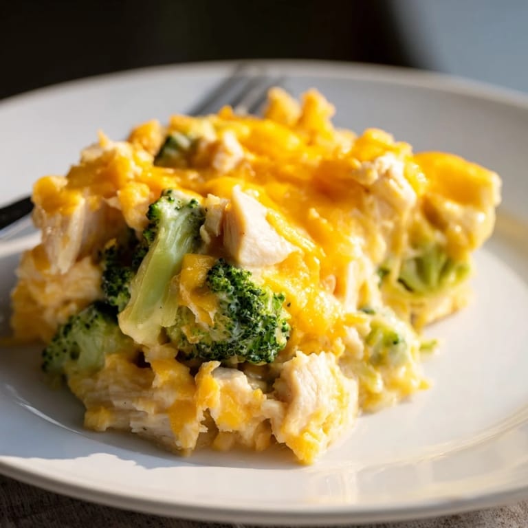 Savory Chicken & Broccoli Cheddar Bake combined with melted cheese and tender vegetables.  