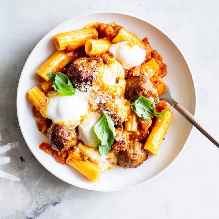 A comforting Italian Meatball Pasta Skillet full of rich flavors and tender pasta.  