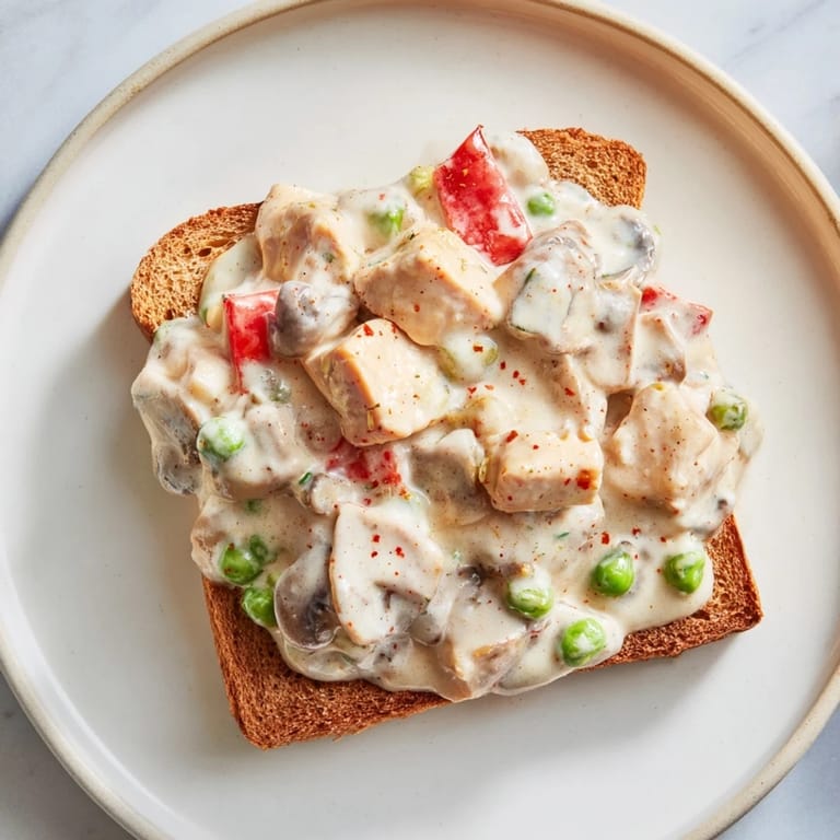 Golden, buttery toast topped with a generous serving of Chicken à la King, rich and delicious.