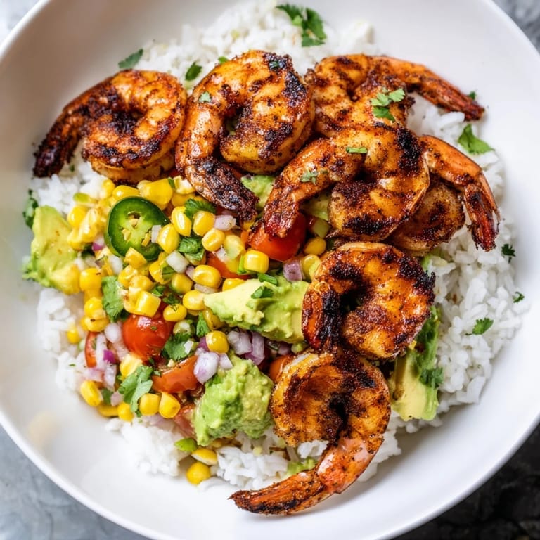 Delectable Easy Grilled Shrimp Bowls feature beautifully grilled shrimp and fresh, creamy avocado topping.