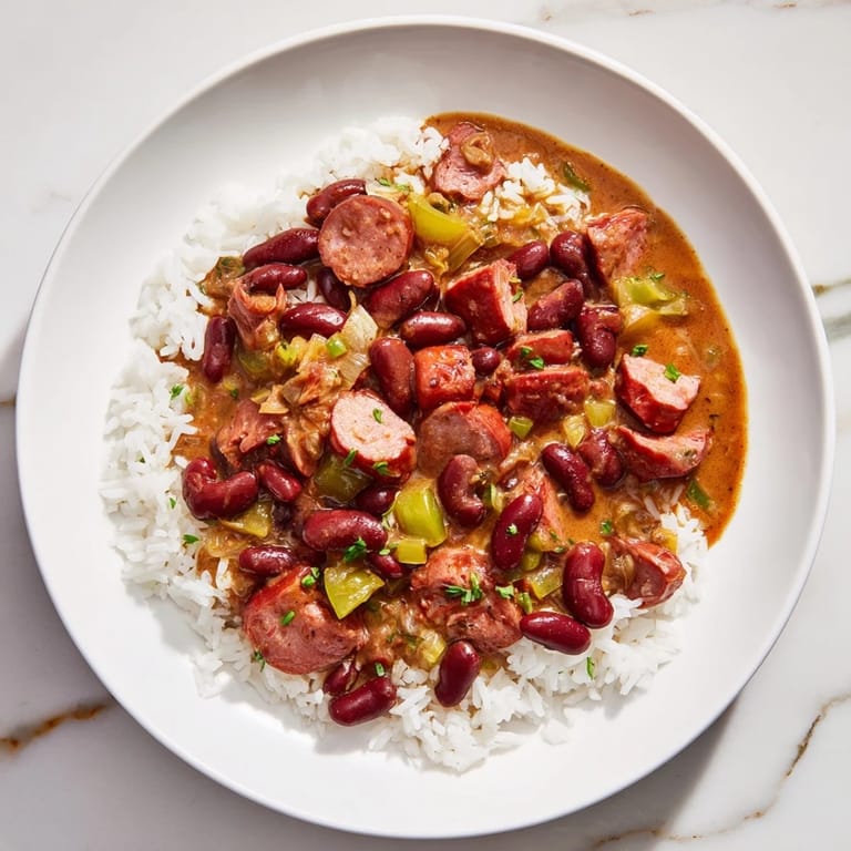 A hearty Creole meal, Red Beans & Rice, featuring aromatic vegetables and savory, smoky sausage.