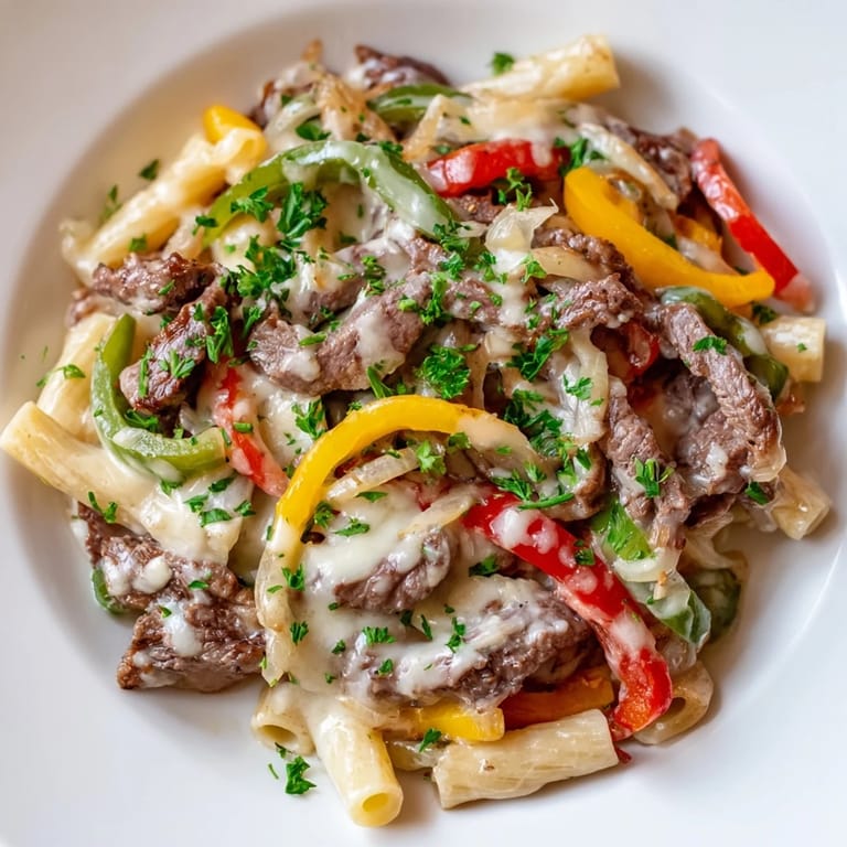 Creamy Philly Cheese Steak Pasta, loaded with savory steak, peppers, and melted cheese, ready to serve.