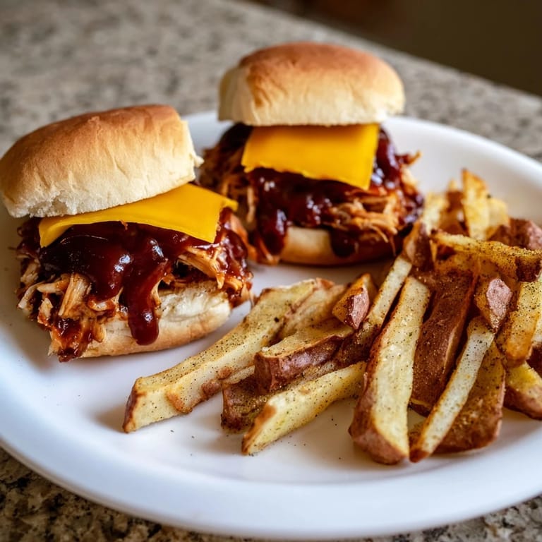 A close-up of delicious BBQ Chicken Sliders, showing tender chicken and melted cheese, perfect for sharing and juicy!
