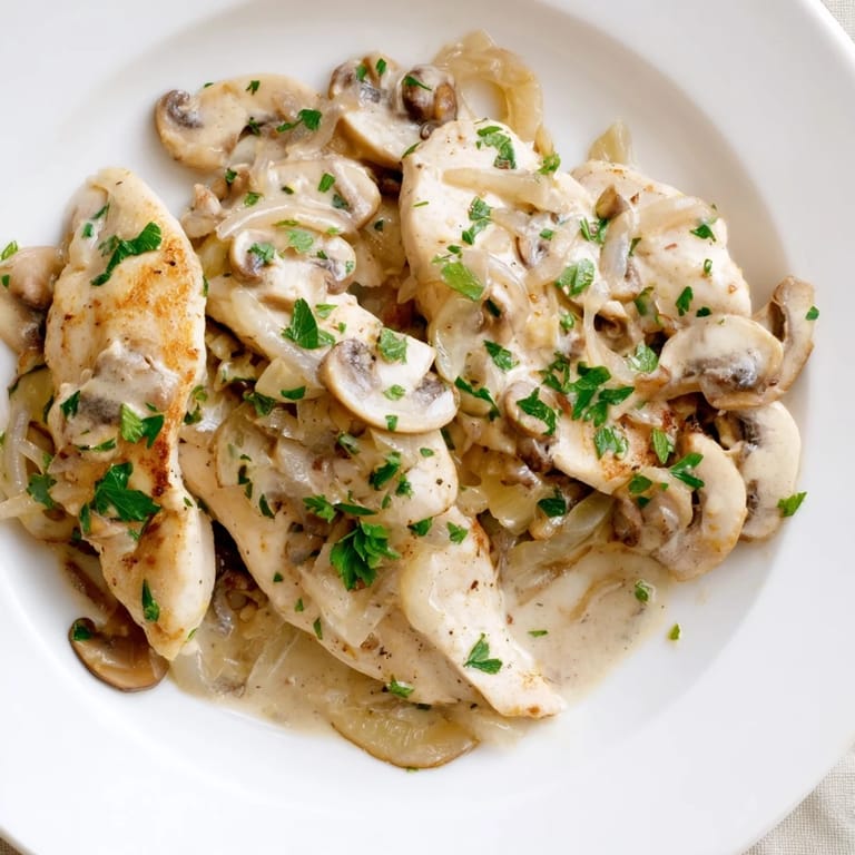 Sizzling skillet holding delicious Creamy Chicken Stroganoff, ready to be served over fluffy egg noodles.