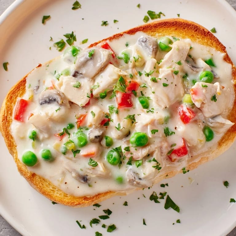 Chicken à la King, a classic American dish with tender chicken in a rich, creamy sauce, served with toast.